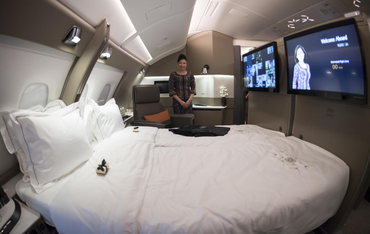 The latest First Class suite option for travellers is unveiled on the tarmac during the Singapore Airlines New A380 Launch on December 19, 2017 in Sydney, Australia. (Photo by James D. Morgan/Getty Images)