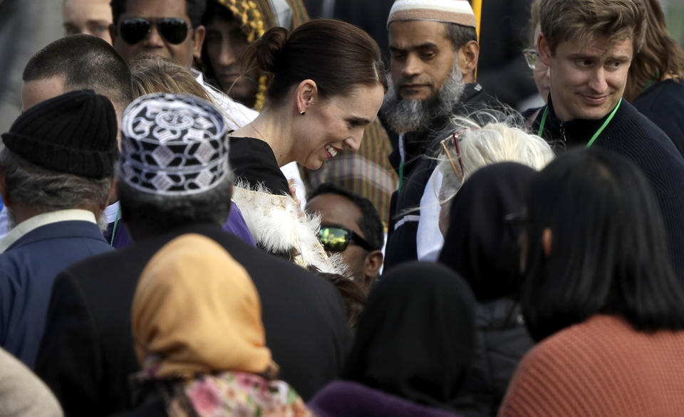 New Zealand Prime Minister Jacinda Ardern meets members of the Muslim community following a national remembrance service in Hagley Park for the victims of the March 15 mosques terrorist attack in Christchurch, New Zealand, Friday, March 29, 2019. (AP Photo/Mark Baker)