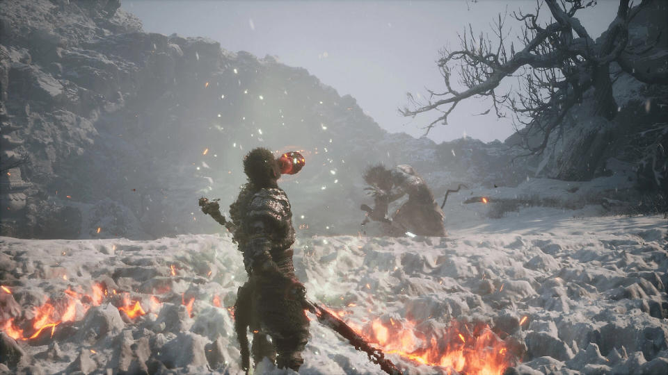 Screenshot from Black Myth: Wukong. A pitcher or a hole because the hero, the ape man, the enemy is hiding in the background. Snow environment.