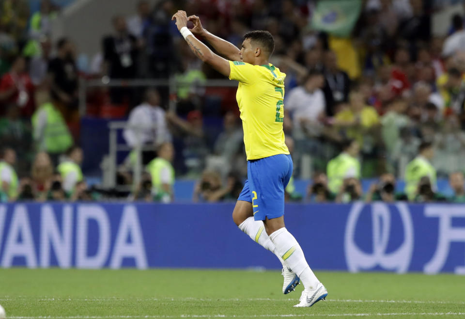 <p>Brazil’s Thiago Silva celebrates after scoring his side’s second goal during the group E match between Serbia and Brazil, at the 2018 soccer World Cup in the Spartak Stadium in Moscow, Russia, Wednesday, June 27, 2018. (AP Photo/Andre Penner) </p>