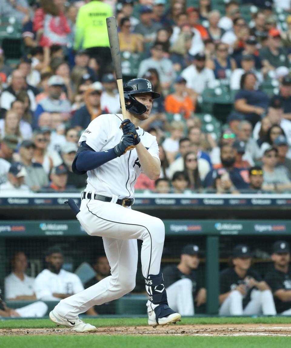 Detroit Tigers center fielder Parker Meadows (22) bats against Chicago Cubs starter Javier Assad (72) during second-inning action at Comerica Park in Detroit on Monday, Aug. 21, 2023.