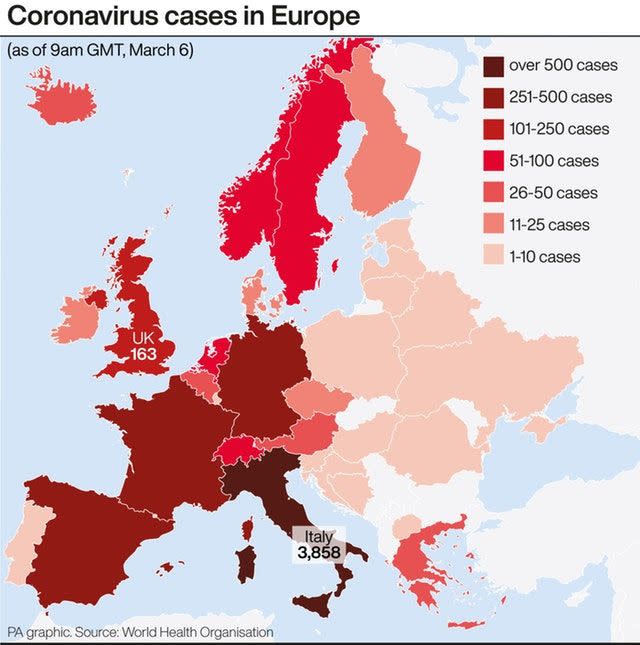 The number of coronavirus cases in Europe (Picture: PA)