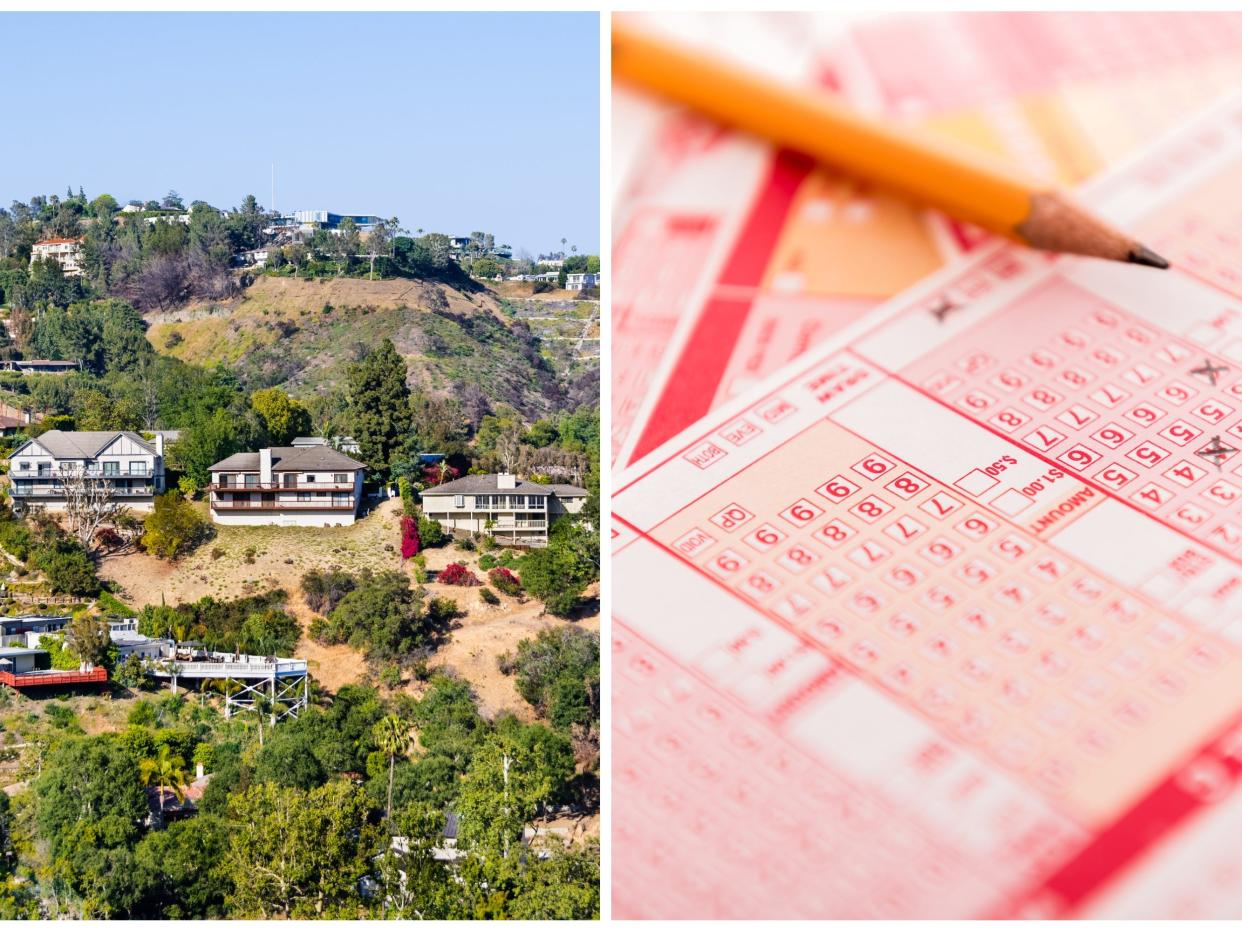 Properties in Bel Air, Los Angeles, left, and a stock image of a Powerball ticket, right, in a composite image.