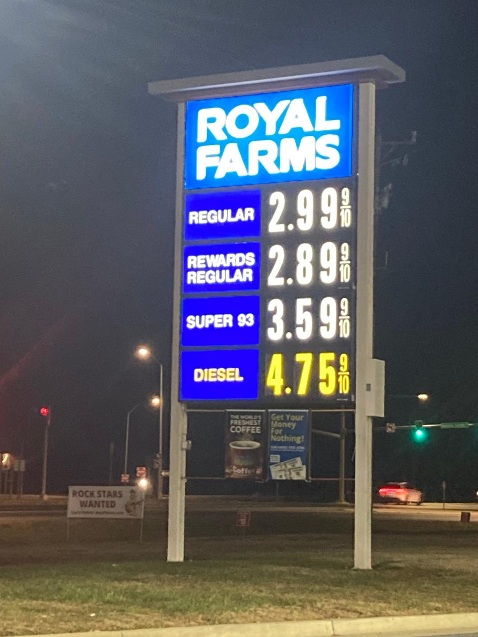 Gas was selling for $2.99 a gallon Monday night, Dec. 19, 2022, at the Royal Farms store at Route 50 and Walston Switch Road.