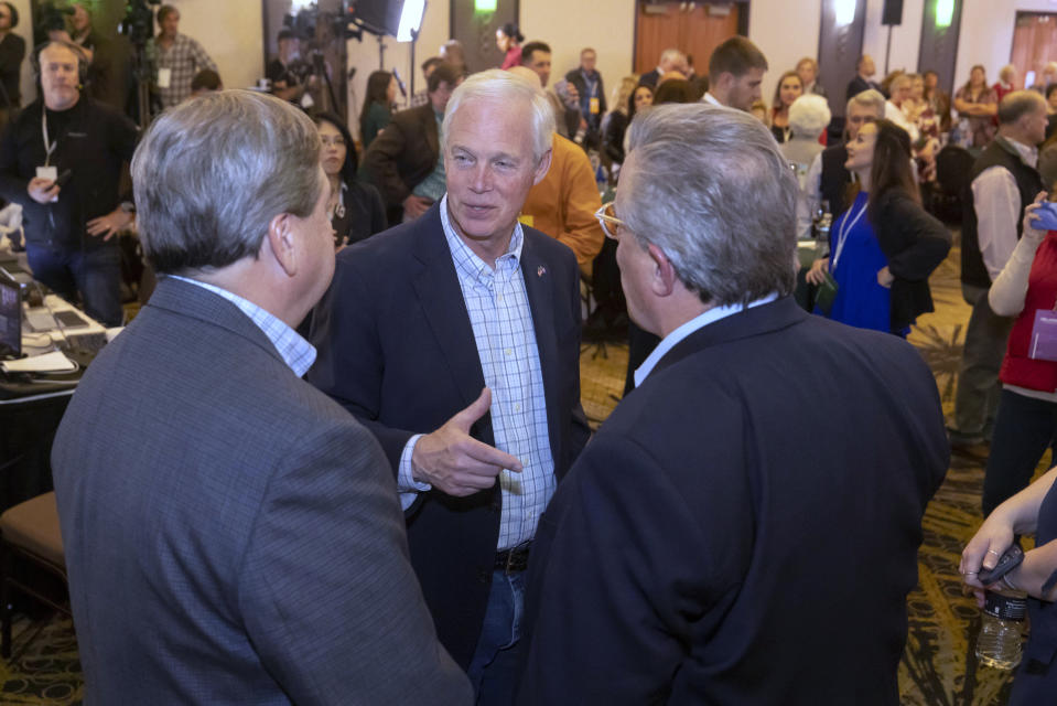 Sen. Ron Johnson, R-Wis., speaks to supporters after arriving at an election night party in Neenah, Wis., Tuesday, Nov. 8, 2022. (AP Photo/Mike Roemer)