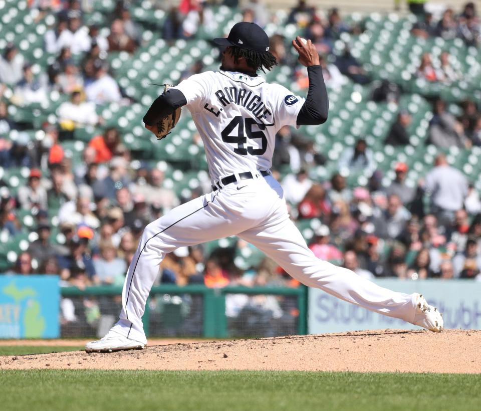 Detroit Tigers reliever Elvin Rodriguez (45) pitches against the Chicago White Sox during fifth inning action Sunday, April 10, 2022, at Comerica Park in Detroit.