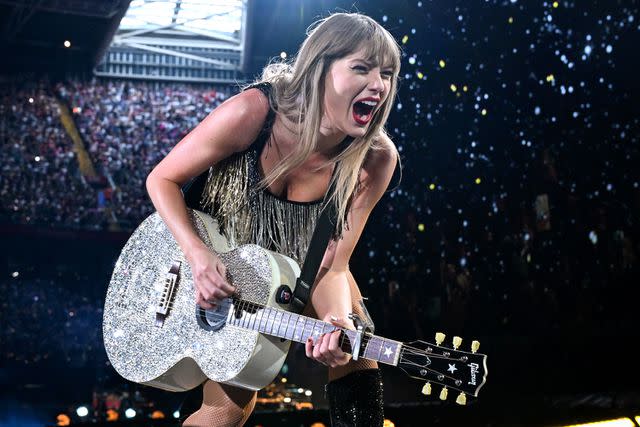 <p>Shirlaine Forrest/TAS24/Getty</p> Taylor Swift performing on June 18, 2024, in Cardiff, Wales