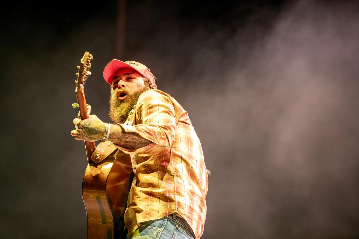 Post Malone performs a set of country covers on during Stagecoach on Saturday.