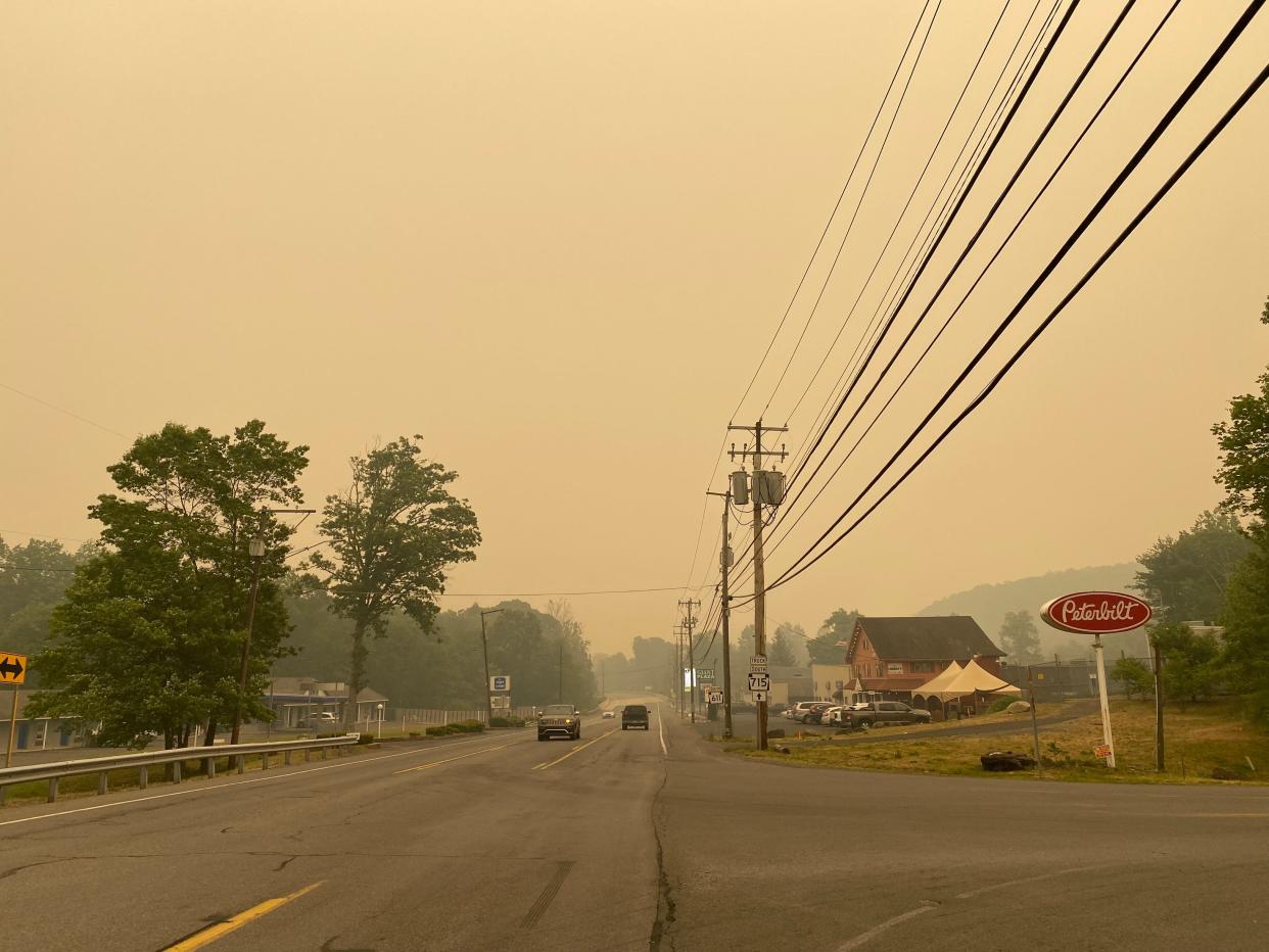 Hazy conditions are seen heading south on Route 611 in Pocono Township on Wednesday, June 7, 2023, as a result of Canadian wildfires.