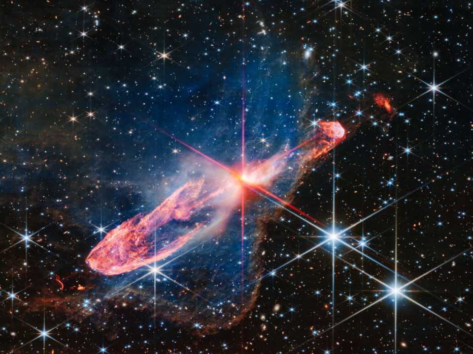 Das Gesamtbild zeigt, was Webb in erster Linie im Auge hatte: ein Paar sich aktiv bildender Sterne, genannt Herbig-Haro 46/47. - Copyright: NASA, ESA, CSA. Image Processing: Joseph DePasquale (STScI)