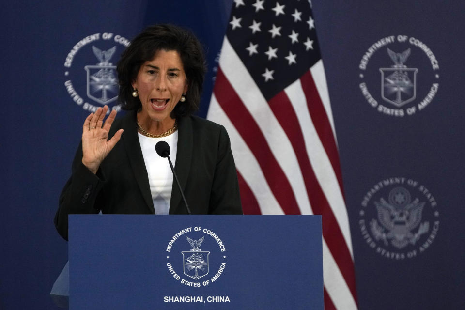 U.S. Commerce Secretary Gina Raimondo speaks during the press conference at the Boeing Shanghai Aviation Service Co., Ltd, in Shanghai, China, Wednesday, Aug. 30, 2023. (AP Photo/Andy Wong, Pool)