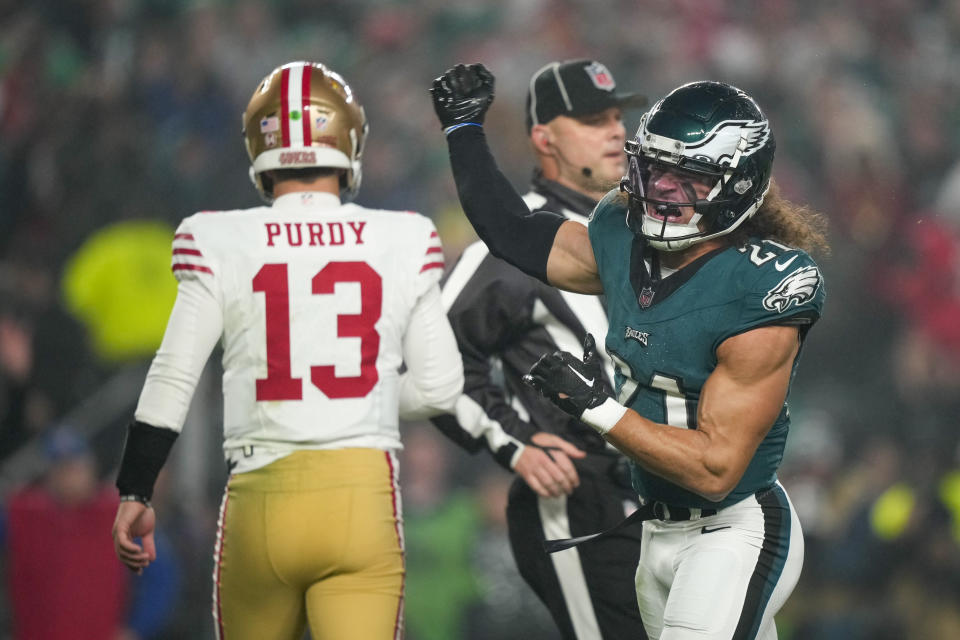 Philadelphia Eagles safety Sydney Brown (21) reacts after tackling San Francisco 49ers quarterback Brock Purdy (13) during the first half of an NFL football game, Sunday, Dec. 3, 2023, in Philadelphia. (AP Photo/Matt Slocum)