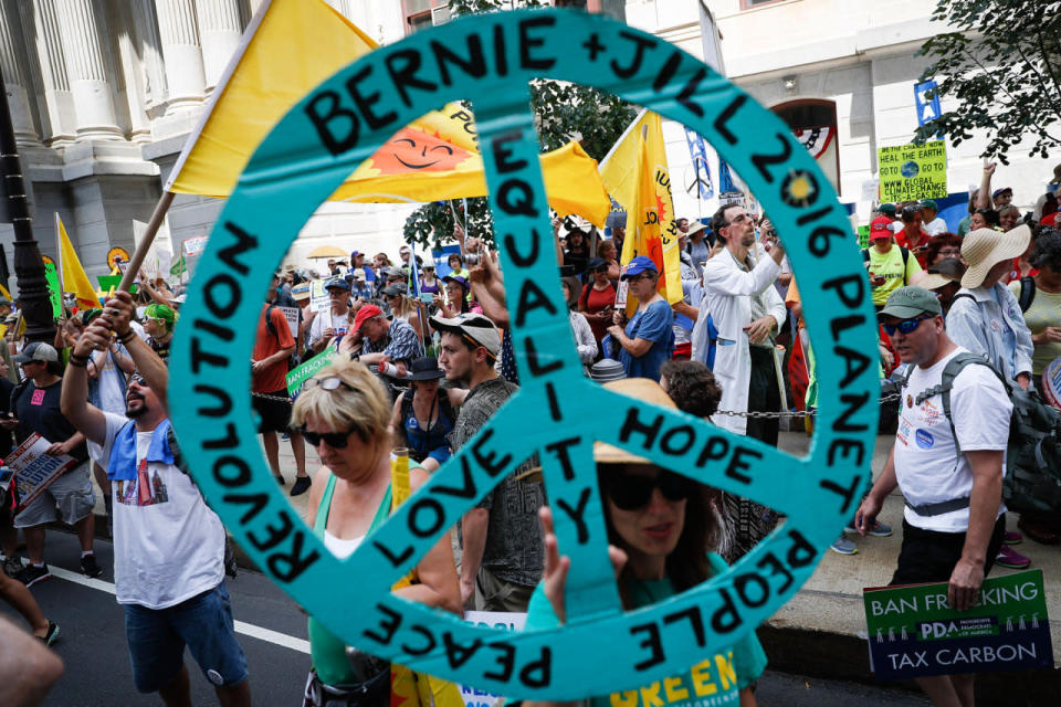<p>Supporters of Sen. Bernie Sanders, I-Vt., march during a protest in downtown on Sunday, July 24, 2016, in Philadelphia. The Democratic National Convention starts Monday in Philadelphia. (AP Photo/John Minchillo)</p>