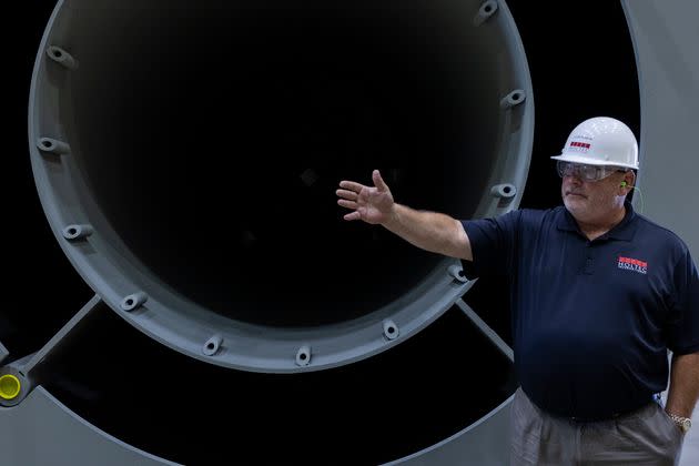 Allen Hickman, vice president of manufacturing at Holtec International, describes the company's systems for the dry storage of used nuclear fuel at the Holtec facility in Camden, New Jersey, on Sept. 13, 2022.