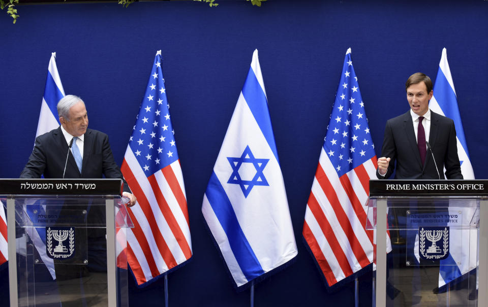 Israeli Prime Minister Benjamin Netanyahu, left, and White House adviser Jared Kushner make joint statements to the press about the Israeli-United Arab Emirates peace accords, in Jerusalem, Sunday, Aug. 30, 2020. Kushner is trumpeting the recent agreement by Israel and the United Arab Emirates to establish diplomatic relations as a historic breakthrough and said “the stage is set” for other Arab states to follow suit. (Debbie Hill/Pool Photo via AP)
