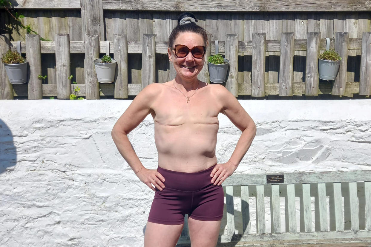 Breast cancer survivor Louise Butcher is running the London Marathon topless to empower other women who have had mastectomies. (Louise Butcher/SWNS)