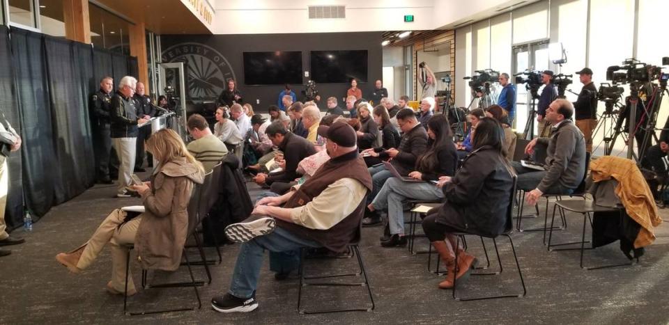 University of Idaho President C. Scott Green, left, speaks at Sunday’s news conference.