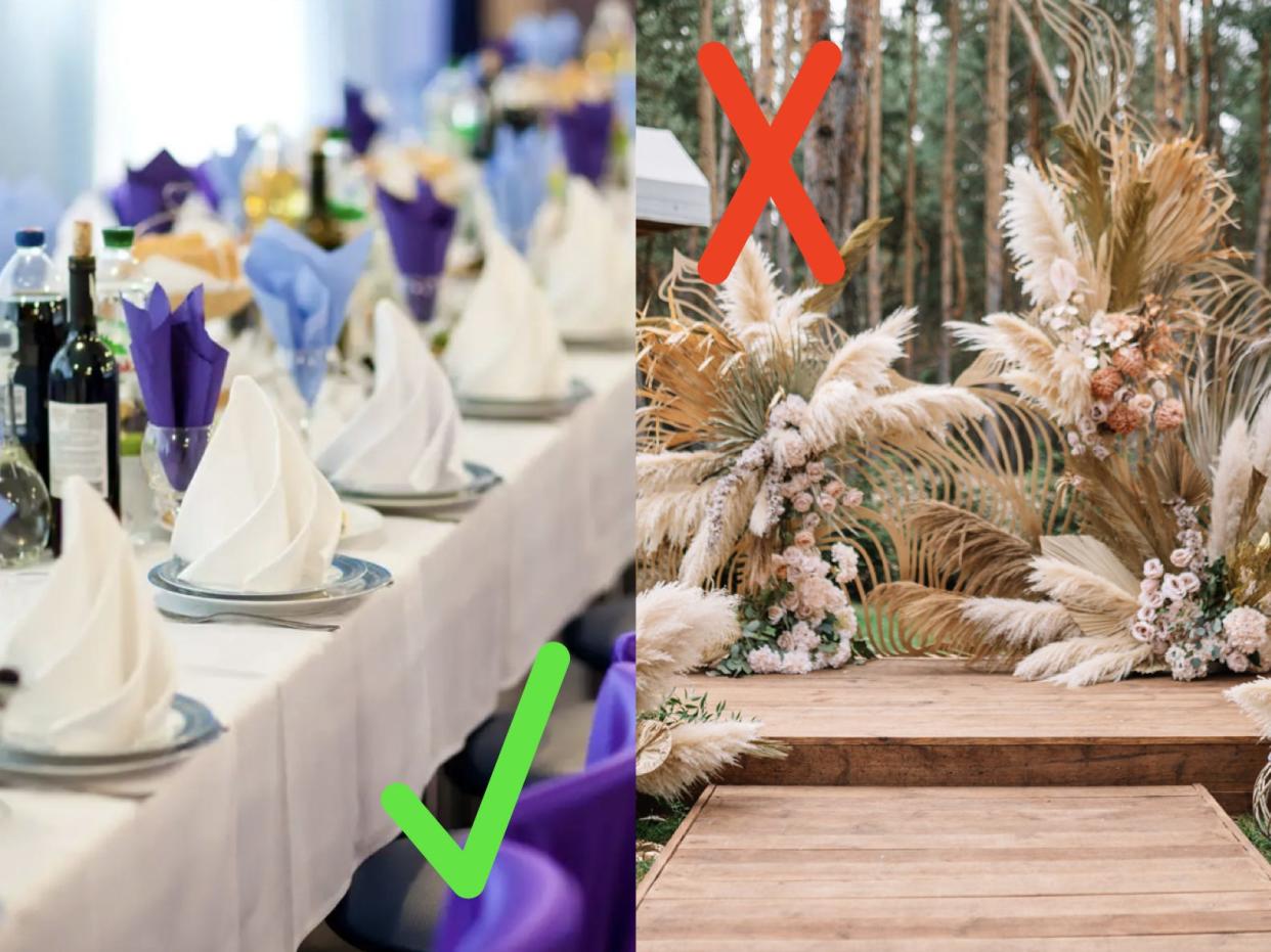 Place setting with purple chars and blue napkins with a green checkmark next to it; Pampas grass wedding arch at an altar