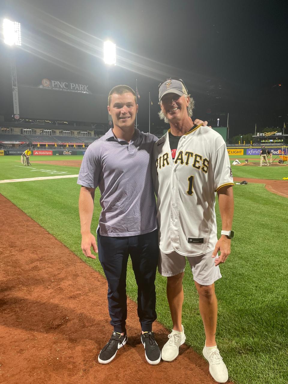 Pittsburgh Pirates rookie Henry Davis, a former Fox Lane baseball star, poses with his high school coach Matt Hillis after making his major league debut on June 19, 2023 at PNC Park.