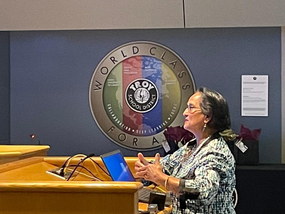 Purinma Patel Gupta, a private math teacher in Troy, criticizes the board for eliminating some honors-track classes in middle school. "Why are you stepping backwards and not challenging the kids?" she asked. "We're competing globally with everybody on the Earth."