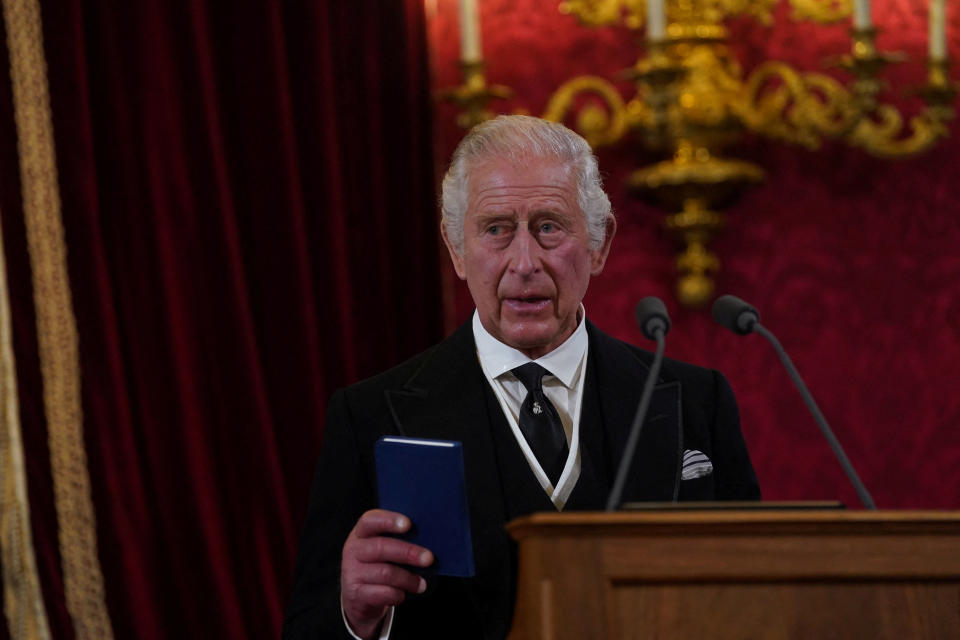 Britain's King Charles III makes his declaration during the Accession Council at St James's Palace, where he is formally proclaimed Britain's new monarch, following the death of Queen Elizabeth II, in London, Britain September 10, 2022.  Victoria Jones/Pool via REUTERS
