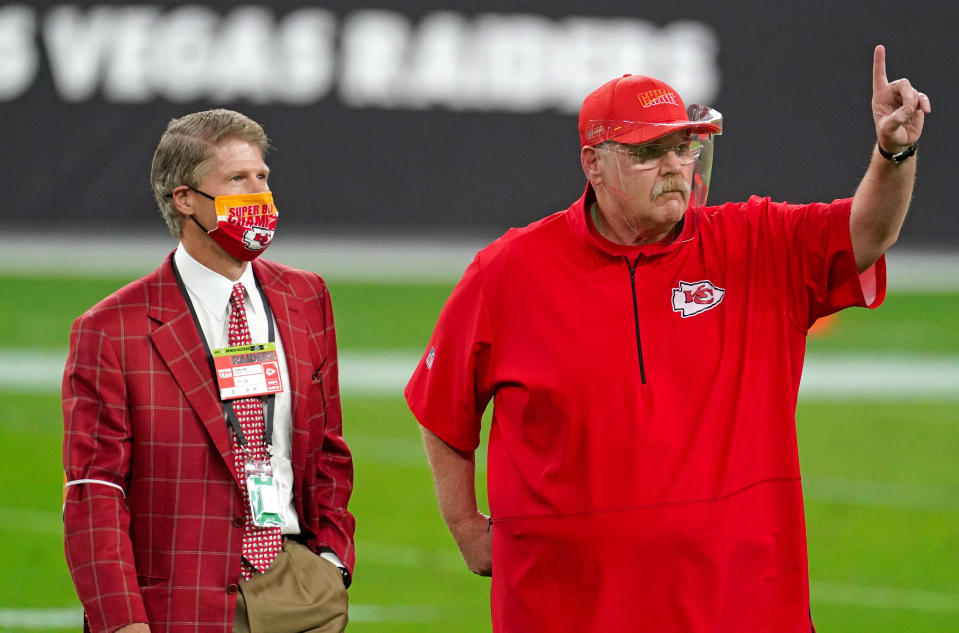 Nov 22, 2020; Paradise, Nevada, USA; Kansas City Chiefs Chairman and CEO Clark Hunt (left) next to Kansas City Chiefs head coach Andy Reid (right) prior to a game against the Las Vegas Raiders at Allegiant Stadium. Mandatory Credit: Kirby Lee-USA TODAY Sports