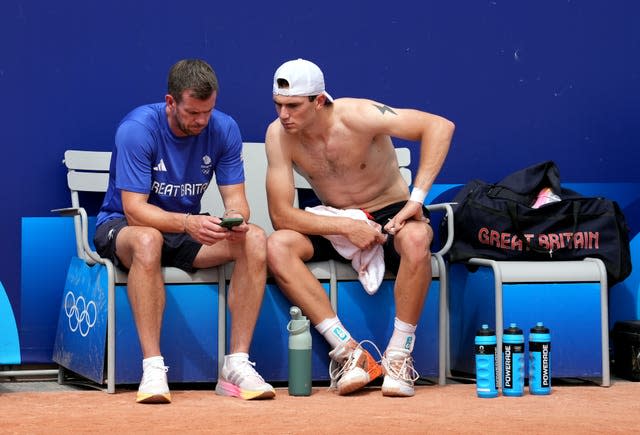 Jack Draper, right, sits with Davis Cup captain Leon Smith at the Olympics in Paris