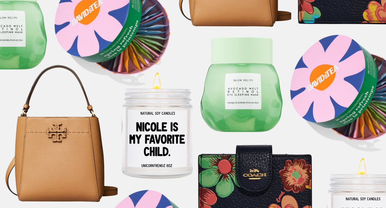 mother's day gift ideas, candle, green eye cream, davidstea box, tory burch bag, coach outlet wallet