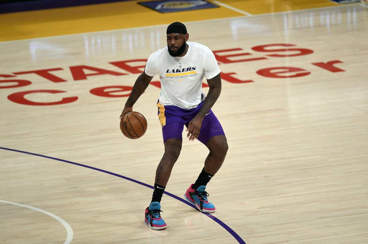 LOS ANGELES, CA - APRIL 30: LeBron James #23 of the Los Angeles Lakers warms up before the start of a basketball game against the Sacramento Kings at Staples Center on April 30, 2021 in Los Angeles, California. NOTE TO USER: User expressly acknowledges and agrees that, by downloading and or using this photograph, User is consenting to the terms and conditions of the Getty Images License Agreement. (Photo by Kevork Djansezian/Getty Images)