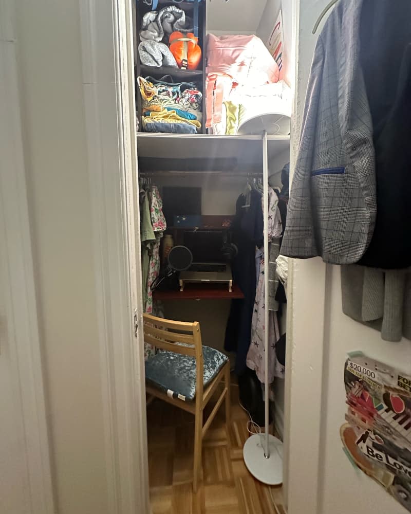 Dining chair in small closet turned into office.