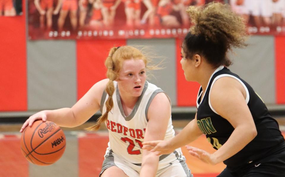 Aubrey Hensley handles the ball during Bedford's 62-32 win over Ann Arbor Huron Tuesday night.