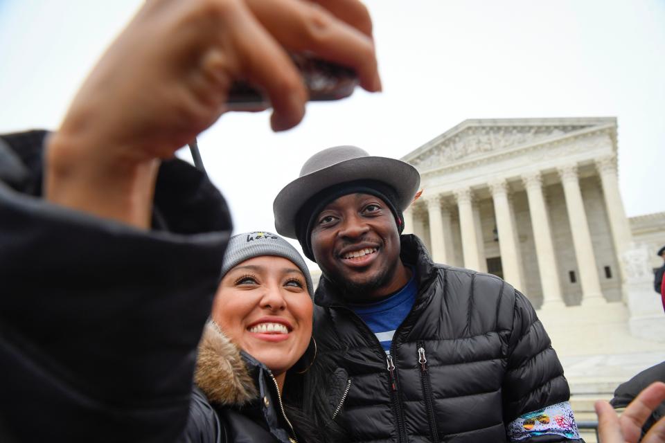 DACA recipient and actor Bambadjan Bamba, best known for his roles in The Good Place and the blockbuster movie Black Panther, after speaking to a gathered crowd outside of the U.S. Supreme Court as the court hears arguments on whether the 2017 Trump administration decision to end the Deferred Action for Childhood Arrivals program (DACA) is lawful.