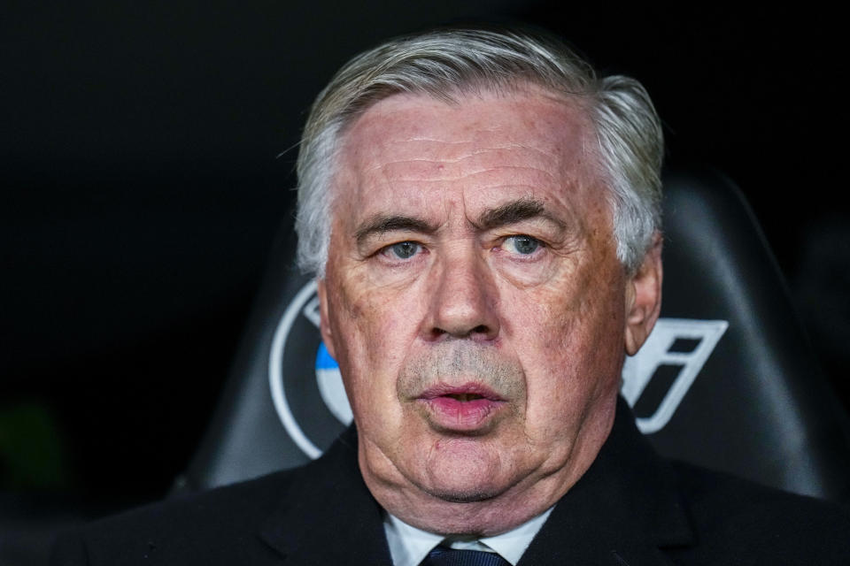 Real Madrid's head coach Carlo Ancelotti looks on prior the start the Spanish La Liga soccer match between Real Madrid and Girona at the Santiago Bernabeu stadium in Madrid, Spain, Saturday, Feb. 10, 2024. (AP Photo/Manu Fernandez)