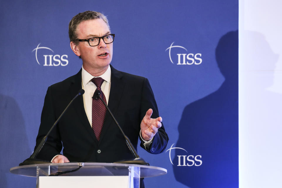 Australian Defense Minister Christopher Pyne delivers his keynote address during the International Institute for Strategic Studies (IISS) Fullerton Forum in Singapore, Monday, Jan. 28, 2019. (AP Photo/Yong Teck Lim)