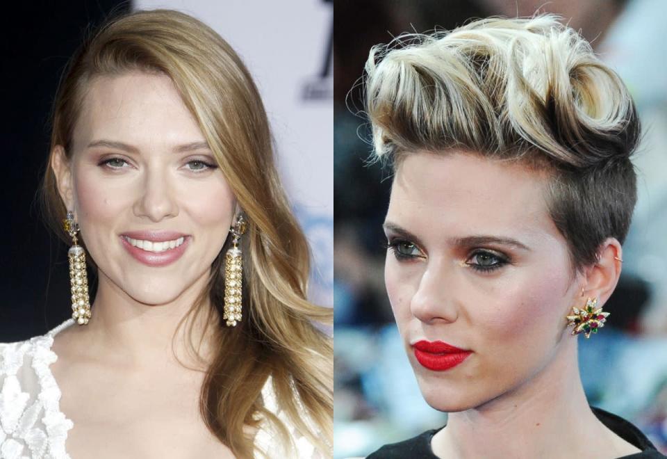 La coupe « haute » undercut de Scarlett Johansson lui a permis de passer de célébrité quelconque à reine du tapis rouge. Envie de recréer ce look ? Demandez à votre styliste de laisser une bonne longueur sur le dessus et investissez dans des rouleaux. 
