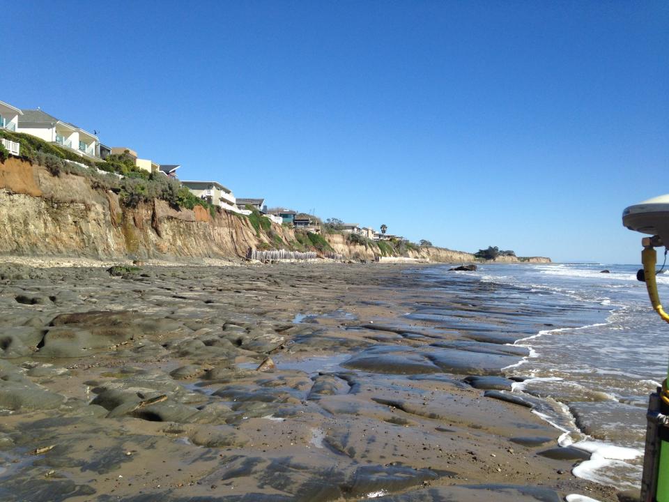 Bedrock exposed at low tide along the beach at Isla Vista, California in Feb. 2017, approximately.