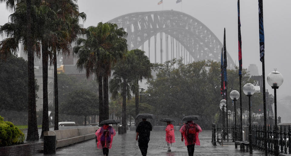 People with umbrellas walking in front of Sydney Harbour Bridge. 