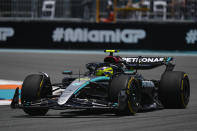 Mercedes driver Lewis Hamilton of Britain steers his car during the practice session for the Formula One Miami Grand Prix auto race, Friday, May 3, 2024, in Miami. (AP Photo/Rebecca Blackwell)
