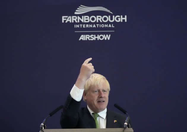 Prime Minister Boris Johnson makes a speech during a visit to the Farnborough International Airshow in Hampshire. (Photo: Frank Augstein via PA Wire/PA Images)