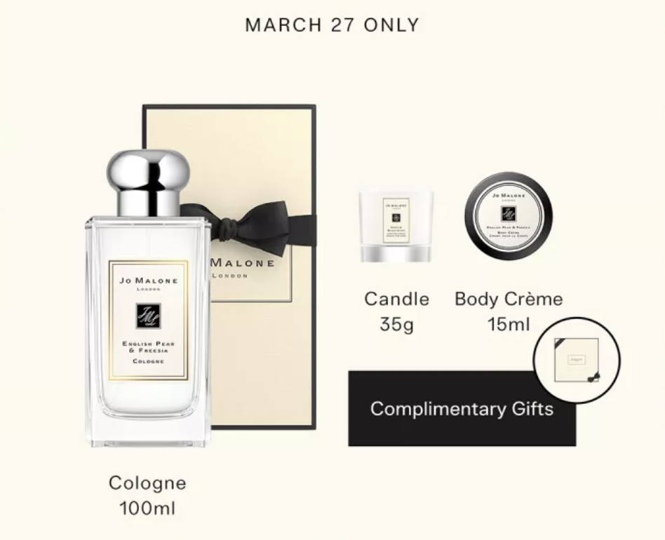 Jo Malone London - 3-pcs Set with Cologne 100ml, Mini Candle 35g, Body Crème 15ml (Photo: Lazada)


