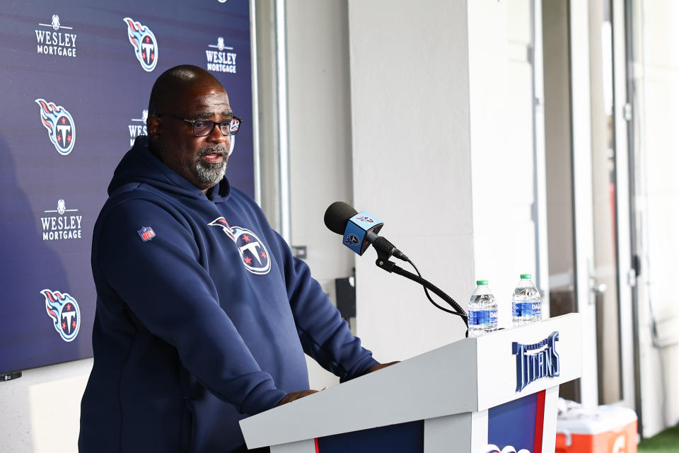 NASHVILLE, TENNESSEE - AUGUST 10: Assistant head coach Terrell Williams speaks in a press conference after training camp at Ascension Saint Thomas Sports Park on August 10, 2023 in Nashville, Tennessee. (Photo by Silas Walker/Getty Images)