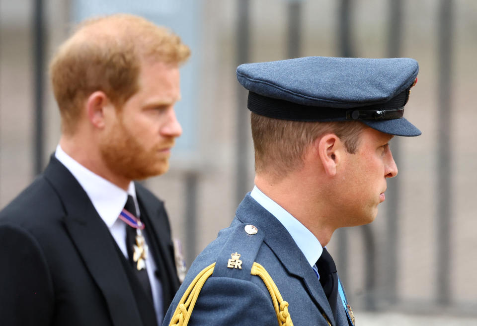 Britain's Prince Harry, Duke of Sussex, and William, Prince of Wales, attend the state funeral and burial of Britain's Queen Elizabeth, in London, Britain, September 19, 2022.  REUTERS/Hannah McKay/Pool