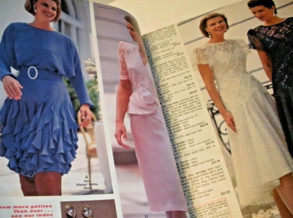 Women's dresses are displayed in a Sears catalog from1993