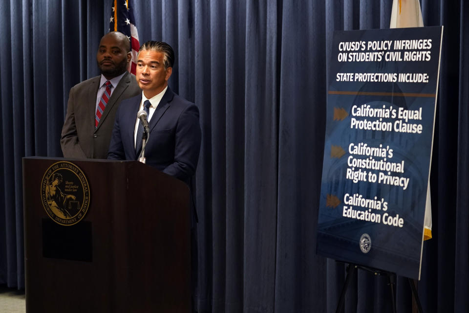 California Attorney General Rob Bonta fields questions during a press conference Monday, Aug. 28, 2023, in Los Angeles. California's attorney general sued a Southern California school district Monday over its recently adopted policy that requires schools to notify parents if their children change their gender identification or pronouns. (AP Photo/Marcio Jose Sanchez)