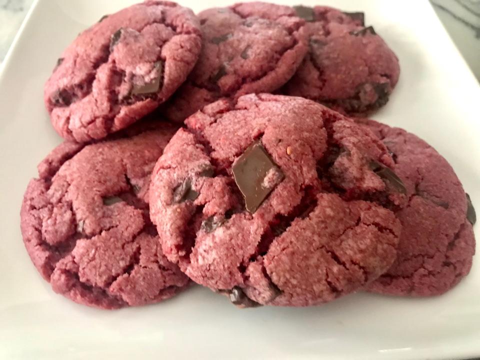 Raspberry chocolate chunk cookies from "Cookies: The New Classics" owe their color, fragrance and flavor to pulverized freeze-dried berries.