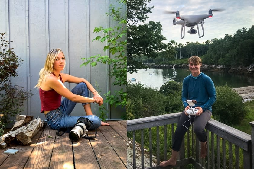 (L-R) - A diptych of a screenshot done via the FaceTime App on an iPad, of camera operator Eliza Earle, outside her home in Boulder, CO on Friday, Aug. 7, 2020 and camera operator Kathryn Barrows is photographed via the FaceTime application, flying her DJI Phantom 4 drone, with McFarlands Cove behind her family's home in South Bristol, ME Friday, Aug. 7, 2020. Credit: Jay L. Clendenin/Los Angeles Times