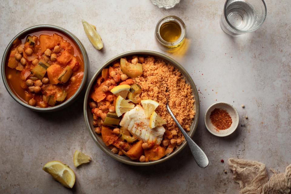 Moroccan chickpea and vegetable stew with couscous