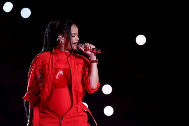 Rihanna at the 2023 Super Bowl Halftime Show<p><a href="https://www.gettyimages.com/detail/1465422833" rel="nofollow noopener" target="_blank" data-ylk="slk:Gregory Shamus/Getty Images;elm:context_link;itc:0;sec:content-canvas" class="link ">Gregory Shamus/Getty Images</a></p>