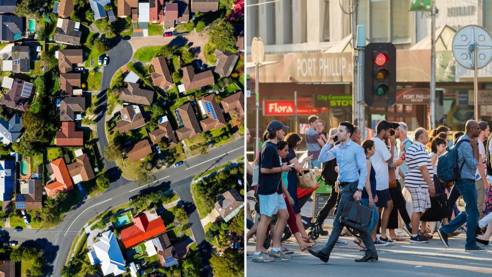 Compilation image of arial view of houses to represent rental prices and people crossing the street