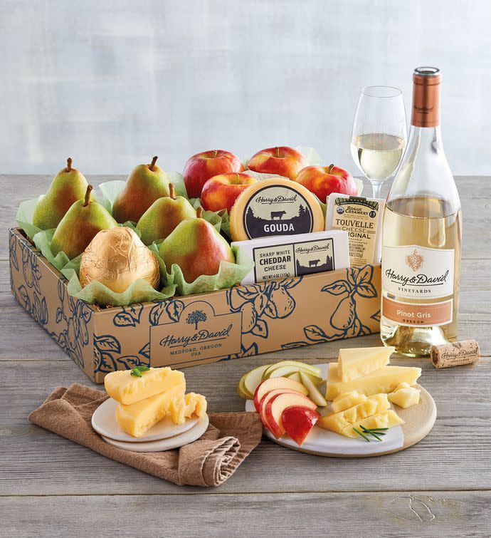 Deluxe Pears, Apples, And Cheese Gift With Wine